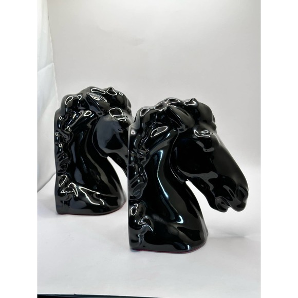 Mid Century Modern Glossy Ceramic Black Horse Head Bookends - Picture 2 of 13